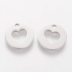 Stainless Steel Color 201 Stainless Steel Charms, Flat Round with Heart, Stainless Steel Color, 12x1mm, Hole: 1.5mm