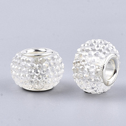 Clair Rhinestone de résine de perles européennes, Perles avec un grand trou   , en laiton de tonalité de platine noyaux doubles, couleur ab , rondelle, perles baies, clair, 14x10mm, Trou: 5mm