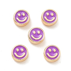 Dark Orchid Alloy Enamel Beads, Golden, Flat Round with Smiling Face, Dark Orchid, 8x4mm, Hole: 1.6mm