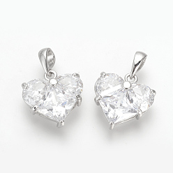 Real Platinum Plated Brass Cubic Zirconia Charms, Nickel Free, Real Platinum Plated, Heart, 14.5x14x5mm, Hole: 4x2.5mm