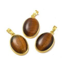 Tiger Eye Natural Tiger Eye Pendants, Oval Charms, with Rack Plating Golden Plated Brass Findings, Lead Free & Cadmium Free, 31x20x7.5~8mm, Hole: 7x5mm