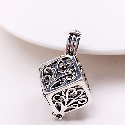 Antique Silver Tibetan Style Brass Bead Cage Pendants, for Chime Ball Pendant Necklaces Making, Hollow Rhombus Charm, Antique Silver, Inner Diameter: 18mm
