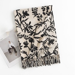 Floral White Polyester Neck Warmer Scarf, Winter Scarf, Flower Pattern Tassel Wrap Scarf, Floral White, 180x69mm