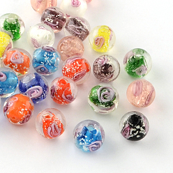 Couleur Mélangete Faits à la main perles au chalumeau de fleurs lumineuses intérieure, ronde, couleur mixte, 9~10mm, Trou: 1~2mm