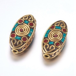 Raw(Unplated) Handmade Indonesia Beads, with Brass Findings, Nickel Free, Oval with Vortex, Colorful, Unplated, 29.5x14x9mm, Hole: 2mm