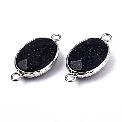 Blue Goldstone Synthetic Blue Goldstone Links/Connectors, Platinum Tone Brass Edge, Faceted Oval, 27.5x14~15x6mm, Hole: 2mm