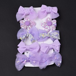 Medium Purple 5 Pair 5 Style Bowknot & Flower Polyester Alligator Hair Clips, Iron Hair Accessories, Medium Purple, 58x49x17mm, 1 Pair/style