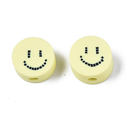 Champagne Yellow Handmade Polymer Clay Beads, for DIY Jewelry Crafts Supplies, Flat Round with Smiling Face, Champagne Yellow, 9x4~5mm, Hole: 1.6mm