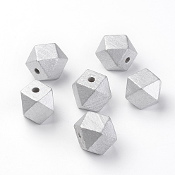 Silver Spray Painted Natural Wooden Beads, Polygon, Silver, 12x12x12mm, Hole: 1.5mm