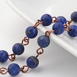 Lapis Lazuli Handmade Natural Lapis Lazuli Beaded Chains, Unwelded, with Brass Eye Pin, Red Copper, 39.3 inch