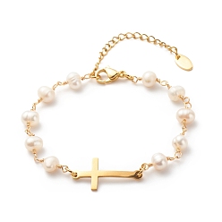 Doré  201 bracelet à maillons croisés en acier inoxydable avec chaînes de perles naturelles pour femme, or, 7-1/8 pouce (18 cm)