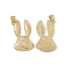 Pink Natural Shell Pendants, Rabbit Charms with Heart, Dyed, with Rack Plating Golden Tone Brass Findings, Long-Lasting Plated, Pink, 26x16.5x4mm, Hole: 4.5x3.5mm
