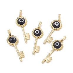 Black Handmade Evil Eye Lampwork Pendants, with Rack Plating Real 18K Gold Plated Brass Findings, Long-Lasting Plated, Flower Key with Heart, Black, 33x12x3.5mm, Hole: 4x7mm