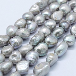 Серебро Нити из натурального культивированного пресноводного жемчуга, картофель, серебряные, 11~12x11~12x8~9 мм, отверстие : 0.2 мм, около 30 шт / нитка, 14.1 дюйм