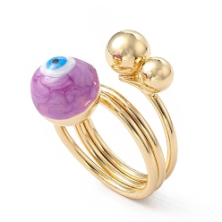 Blue Violet Enamel Round with Evil Eye Finger Rings, Real 18K Gold Plated Brass Wrap Style Ring for Women, Blue Violet, 5.5~19.5mm, Inner Diameter: 18mm