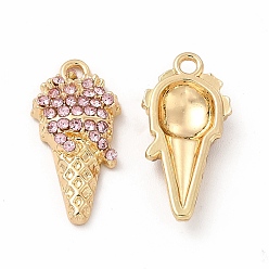Rosa Claro Colgantes de diamantes de imitación de aleación ecológica con revestimiento en rack, encanto de cono de helado, dorado, rosa luz, 18x9x3.5 mm, agujero: 1.6 mm