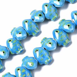 Dodger Blue Handmade Porcelain Ceramic Beads Strands, Famille Rose Style, Fish, Dodger Blue, 17~18x13~14x8~9mm, Hole: 2mm, about 27pcs/strand, 12.2 inches(31cm)