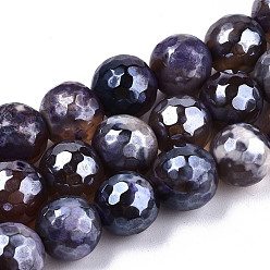 Medium Purple Electroplate Natural Agate Beads Strands, Dyed, Faceted, Pearl Luster Plated, Round, Medium Purple, 10.5mm, Hole: 1.2mm, about 36~37pcs/strand, 14.37 inch~14.57 inch(36.5cm~37cm)