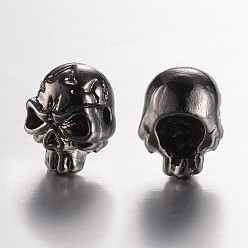 Черный Цвет Металла Сплавочные овальные бусины тибетского стиля , череп, металлический черный , 11x9x10 мм, отверстие : 1.5 мм