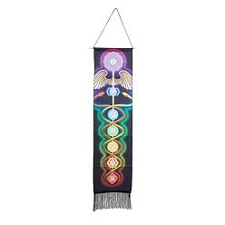 Symbol Chakra Theme Linen Wall Hanging Tapestry, Vertical Tapestry, with Tassel, Wood Rod & Iron Traceless Nail & Cord, for Home Decoration, Meditation, Rectangle, Caduceus Symbol, 164cm