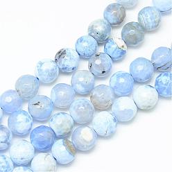 Bleu Ciel Clair Cordes de perles d'agate craquelées de feu naturelles colorées, ronde à facettes, lumière bleu ciel, 10mm, Trou: 1mm, Environ 37~38 pcs/chapelet, 14.5~15.3 pouce