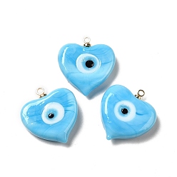Light Sky Blue Handmade Lampwork Pendants, with Real 18K Gold Plated Plated Brass Finding, Cadmium Free & Lead Free, Heart with Evil Eye, Light Sky Blue, 19.5x18.2x5mm, Hole: 1.4mm