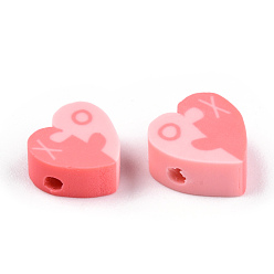 Pink Perles en fimo faits à la main, puzzle coeur & lettre xo, rose, 8.5~10x9~11x4~5mm, Trou: 1.5mm