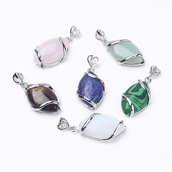 Mixed Stone Natural & Synthetic Mixed Stone Pendants, with Brass Findings, Horse Eye, Platinum, 38x17x7mm, Hole: 3x4mm