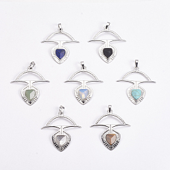 Mixed Stone Brass Pendants, Natural & Synthetic Mixed Stone, Faceted, Teardrop and Hollow Fan Shape, Platinum, 43x40.5x5mm