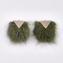 Olive Décorations pendantes de pompon en fausse fourrure de vison, avec les accessoires en laiton, or et de lumière, olive, 40~42x20~30x5.5~7mm, Trou: 2mm