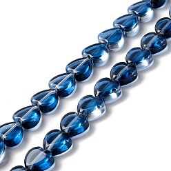 Prussian Blue Transparent Glass Beads Strand, Heart, Prussian Blue, 9.5~10x10x3.5~4.5mm, Hole: 0.8~1mm, about 35pcs/strand, 13.15~13.31 inch(33.4~33.8cm)