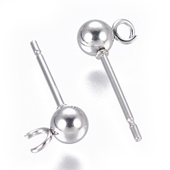 Stainless Steel Color 304 Stainless Steel Ear Stud Components, with Loop, Ball, Stainless Steel Color, 15x4mm, Hole: 1.5~2mm, Pin: 0.8mm