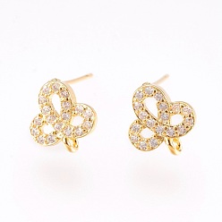 Golden Brass Micro Pave Cubic Zirconia Stud Earring Findings, with Loop, Lead Free & Cadmium Free, Flower, Clear, Golden, 10x9x2mm, Hole: 0.8mm, Pin:0.6mm