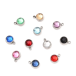Mixed Color 304 Stainless Steel Charms, with Acrylic Rhinestone, Birthstone Charms, Faceted, Flat Round, Stainless Steel Color, Mixed Color, 10x8x4mm, Hole: 1.3mm