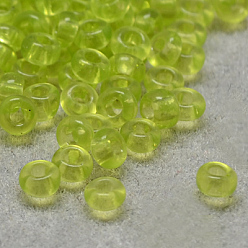 Verde de Amarillo 8/0 calificar unas cuentas redondas de semillas de vidrio, colores transparentes, amarillo verdoso, 8/0, 3x2 mm, agujero: 1 mm, sobre 10000 unidades / bolsa