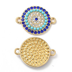 Capri Blue Rack Plating Alloy Rhinestone Connector Charms, with Resin, Flat Round Links, Golden, Capri Blue, 17.5x23.5x3mm, Hole: 1.7mm