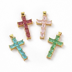 Mixed Color Brass Micro Pave Clear Cubic Zirconia Pendants, Cross, Religion, Mixed Color, 32.5x18x5.5mm, Hole: 3.5x5mm