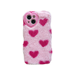 Rose Foncé Étui de téléphone portable en peluche chaud pour femmes filles, housses de protection d'appareil photo en forme de coeur d'hiver pour iphone13, rose foncé, 14.67x7.15x0.765 cm