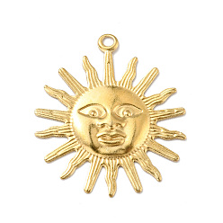 Oro Colgantes de latón, sol con rostro humano, dorado, 25x22x1 mm, agujero: 1.2 mm