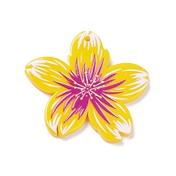 Jaune Pendentifs en acrylique opaque imprimé, fleur, jaune, 35x37x2.5mm, Trou: 1.6mm