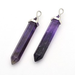 Amethyst Platinum Plated Double Terminated Pointed Natural Gemstone Brass Bullet Big Pendants, Faceted, Amethyst, 58~63x12x10mm, Hole: 5x3.5mm