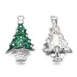 Green Alloy Christmas Tree Enamel Pendants For Christmas Day, Platinum, Green, 34x19.5x3mm, Hole: 1mm