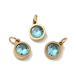 Pale Turquoise Vacuum Plating 304 Stainless Steel Pendants, with Cubic Zirconia and Jump Rings, Single Stone Charms, Flat Round, Golden, Pale Turquoise, 9.5x7.5x3mm, Hole: 3.6mm