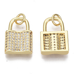 Real 16K Gold Plated Brass Micro Pave Cubic Zirconia Pendants, with Jump Rings, Nickel Free, Lock, Clear, Real 16K Gold Plated, 16x11x3mm, Hole: 3mm