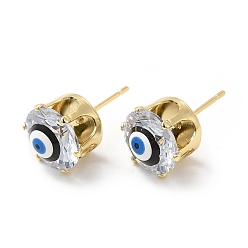 Black Flat Round Glass with Enamel Evil Eye Stud Earrings, Real 18K Gold Plated Brass Jewelry for Women, Black, 11mm, Pin: 0.8mm