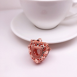 Rose Gold Brass Bead Cage Pendants, for Chime Ball Pendant Necklaces Making, Hollow Heart Charm, Rose Gold, 26.5x27.5x19.8mm, Hole: 4.5x10mm