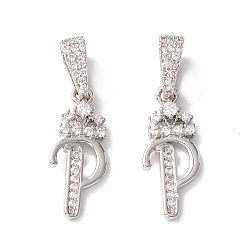 Letter P Eco-Friendly Brass Micro Pave Cubic Zirconia Pendants, Long-Lasting Plated, Real Platinum Plated, Cadmium Free & Lead Free, Letter, Letter.P, 16~20x7~11.5x1.5~2.2mm, Hole: 6.5x3.5mm