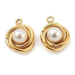 Golden 304 Stainless Steel Charms, with White Plastic Imitation Pearl Beads, Vortex, Golden, 14x12x7mm, Hole: 1.6mm
