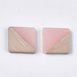 Pink Resin & Walnut Wood Cabochons, Square, Pink, 13.5x13.5x3mm