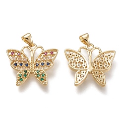 Real 18K Gold Plated Brass Micro Pave Cubic Zirconia Pendants, Butterfly, Colorful, Real 18K Gold Plated, Clear, Real 18K Gold Plated, 20.5x24.8x2.5mm, Hole: 3.5x5mm